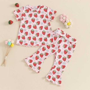 Giyim Setleri Çocuklar Giyim Çocukları Kız Yaz Strberry/Güneş Çiçek Baskı O yaka Kısa Kollu Tişörtler+Elastik Bel Flare Pantolon Seti