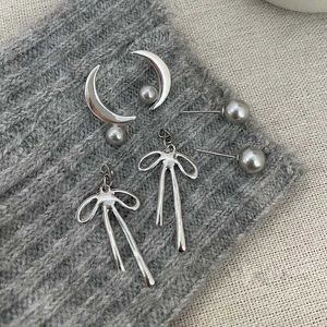 Dangle Chandelier Korean Gray Pearl Bow Tassel Earrings For Women Fashion Sweet Metal Star Moon Long Dangle Earrings Jewelry Party Gifts