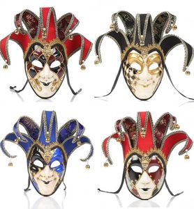 Máscaras de festa, rosto completo, homens venezianos bobo máscara de máscara de mascarada de teatro veneziano com sinos Mardi gras Party Ball Halloween Cosplay M5042850