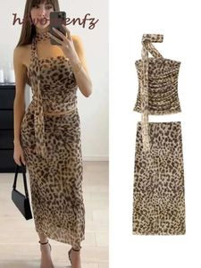 Sexy Leopard Printed Midi Skirt Sets Women 2 Pieces Summer Tube Top Womens Suit Two Piece Set Female Outfit Y2k Streetwear 240419