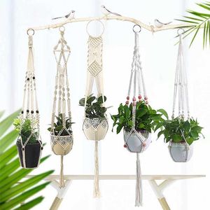 Planters POTS Flower Pot Cotton Rep Hanging Net Handmade Macrame Plant Hanging Basket Modern Style Plant Hanger för balkong eller inomhus