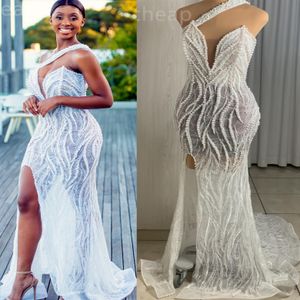 Aso Ebi 2024 Wihte Lace Mermaid Prom Dress One Shoulder Pearls Evening Formal Party Second Reception 50Th Birthday Engagement Gowns Dresses Robe De Soiree Zj332 es