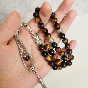 Strand Tiger Eye Stone Tasbih natürliche Mischungsfarbe Farbperlen handgefertigtes muslimischer Rosenkranzperlen Islamische Misbaha Design Silber Quasten Tasbeeh