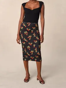 Kjolar vintage kvinnor hög midja jupe blommigt tryck all-match mode kvinnlig a-line midi kjol 2024 sommar