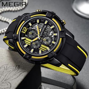 Avanadores de pulso megir Men's Yellow Silicone Strap Quartz observa o relógio esportivo de cronógrafo para homem de borracha exército militar de presente de punho