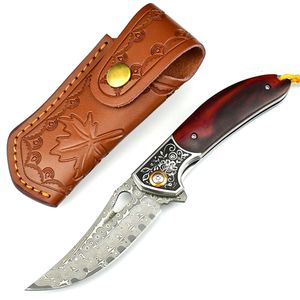 High Class Damascus Steel Pocket Knives With Leather Sheath Portable Fishing Folding Knife Best Collection Gift Knife For Man