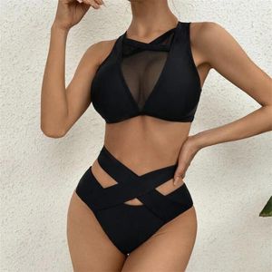 Kvinnors badkläder svart nät skarvning tankini bikinis set hög midje bandage se genom baddräkt baddräkt kvinnor brasiliska strandkläder
