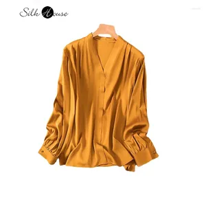 Kadın bluzları Şık%93 doğal dut ipek elastik çift qiao gömlek v yaka düz renk zarif ve rahat