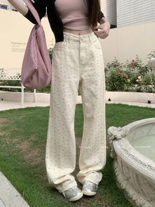 Kadın Pantolon Benuynffy Çiçek Baskı Yaz Y2K Retro Bol Kore tarzı gündelik yüksek bel düz geniş bacaklı kot pantolon 2024