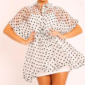 Women's T Shirts Women Bikini Cover Up Polka Dot Folded Collar Button-Down Sheer Waist Design Short Sleeve Loose Swimwear Dress