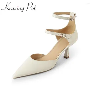 Klänningskor Krazing Pot Full Grain Leather Dating Summer Art Design Beauty Point Toe Tun High Heel Ankle Straps Wedding Women Pumps