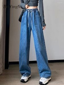 Jeans feminino beiyyingni coreana perna larga perna larga mulher elástica cintura de cordão casual bf calça folgada feminina y2k cowboys 6xl