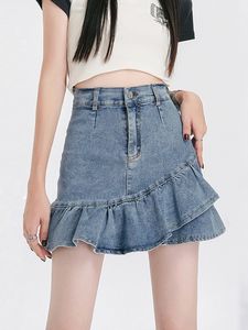 Sommer Mini -Jeansrock für Frauen hohe Taille eine Linie Rüschen schwarze oder blaue Jeansröcke Frauen mit Futter 240424