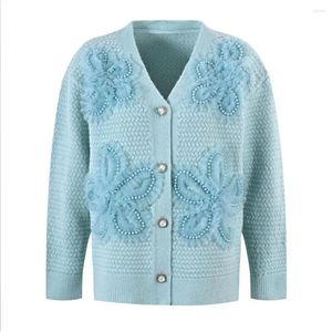 Women's Knits High Quality Beaded 3D Flower Lace Knitted V-Neck Cardigan Loose Sweaters Coat Top Fall 2024 Winter Style