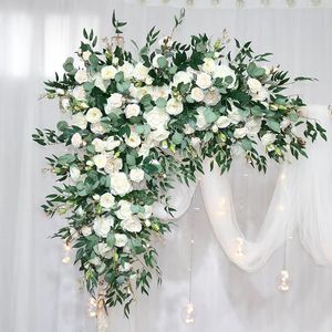 Customized Rose Green Leaf Artificial Flower Row Wedding Backdrop Wall Deco Hanging Corner Flower Party Centerpiece Table Floral 240416