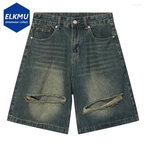 Mäns shorts vintage bred ben baggy denim män sommar rippade blå jeans y2k harajuku lös casual