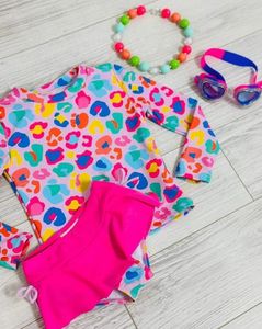 Clothing Sets Fashion Colorful Leopard Print Long Sleeve Swimsuit One-piece Swimming Set Wholesale Children Clothes