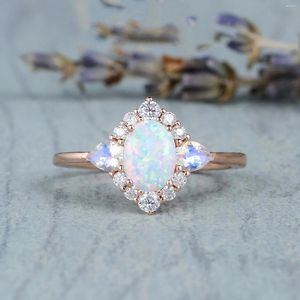 Cluster Rings Female Small Opal Moon Stone Ring Charm Rose Gold Plated Wedding For Women's Exquisite Oval Engagement Bride