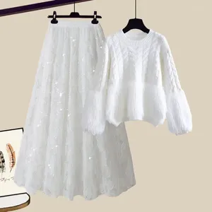 Work Dresses Spring Large Size Women Two Piece Skirt Suit Patchwork Sweater Long Fairy Tutu A-Line Mesh Two-piece Set