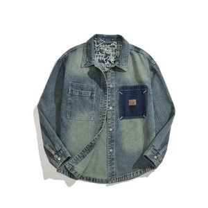 Klassisches Retro-Farben Herren-Freizeit-Langarm-Hemd mit Abdrehkragen aus Bio-Baumwollmaterialien Denim Stickerei Lose vielseitige Streetwear