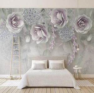 3D Flores em relevo papel de parede Retro Purple Flowers Mural grande afresco Floral Wall Paper Estudar Restaurante TV Pintura de parede de parede6326555