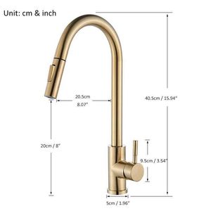 Rubinetti del lavandino del bagno quyanre spazzolato cucina oro cucina tira fuori cucina lavello tocca maniglia singola miscelatore tocco 360 rotazione cucina cucina rubinetto