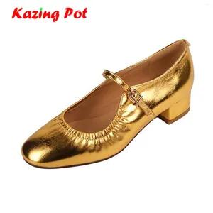 Sapatos de vestido krazing panela ovelha de couro de salto alto primavera no verão redondo mulheres casamento ouro prata cor sexy lady lady janes