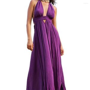 Женщины Halter Neck Beach Long Dress Solid Color Boho без спинки без рукавов Deep V Cutout Flowy for Holiday Vacation