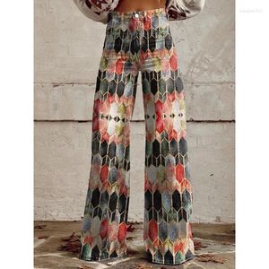 여성용 바지 빈티지 기하학적 패턴 프린트 캐주얼 넓은 다리 민족 스타일 여름 바지 소프트 플레어 플러스 크기