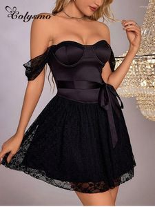 Casual Dresses Colysmo Elegant Off Shoulder Short Dress for Women Autumn Party Night Mini Gown Sweet Bow Spets Underwire Two Layers Elastic
