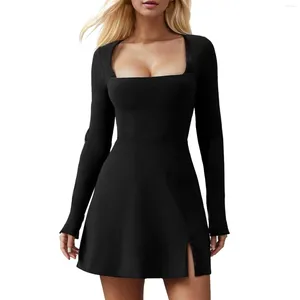 Casual Dresses Women Fashion Dress Solid Square Neck Bustier Long Sleeve Slit Flare Mini Retro Elegant Party Culb Ropa de Mujer