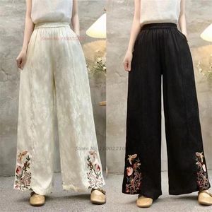 Этническая одежда 2024 китайские винтажные брюки традиционные цветочные народные ретро -ретро -эластичные брюки с широкими ногами атлас