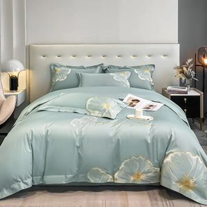 Conjunto de cama de algodão egípcio Bordado floral de luxo lençóis e travesseiros de bordados de edredão de edredão e travesseiros 240420
