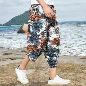 Men's Pants Casual Cropped Retro Print Ethnic Style Drawstring With Side Pockets For Daily Wear Beach Vacation