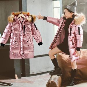 Down Coat Winter Girls Fashion Long fluorescerande färg Päls huva Duck Jacka Parka COA Kids Ytterkläder kläder 4 5 6 7 8 9 10 12 år