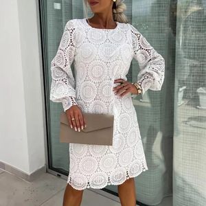 Casual Dresses Sexy Hollow O Neck Long Sleeved Dress Fashion Women Solid Color Commuting A-line Spring Lace Embroidered Loose Party