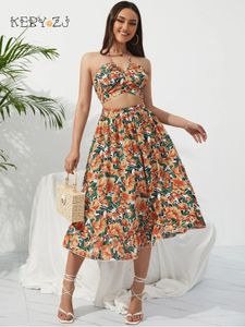 Keby ZJ Summer Boho Bikini Set Dress Chic Women Elastic Waist Two Pieces with Memale Holiday Floral Print Midiセット240423