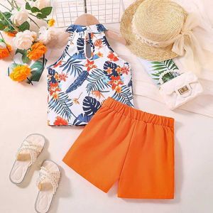 Clothing Sets Casual Girls Summer Sets Kids Printed Hanging Neck Tops+Button Shorts 2Pcs Children Cool Cute Outfits New Sleeveless Clothing