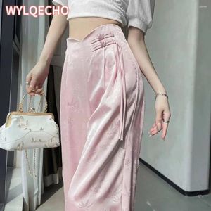 Ethnic Clothing Pink Chinese Satin Jacquard Suit Pants For Women Spring/Summer 2024 High Waist Loose Straight Button Wide Leg