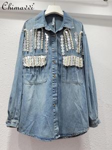 Blusas femininas lavadas camisa retro jeans para mulheres 2024 Spring outono miçangas pesadas lantejoulas decoração cadeia