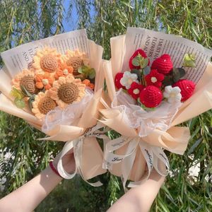 Artificial Cotton Strawberry Orange Sunflower Rope Färdig stickade blommor Buketter Valentine Birthday Graduation Gifts 240429