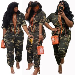 Camoufalge Casual Overalls Sexy Women Turn Down Collar Bodycon Military Camo Romper Jumpsuit 240425