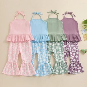 Clothing Sets FOCUSNORM 1-5Y Summer Little Girls 2pcs Clothes Solid Sleeveless Tie-Up Halter Ribbed Ruffled Tops Sunflowers Flare Pants