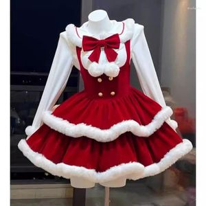 Arbeitskleider 2024 Winter rotes Jahr Lolita 2 Stück Kleid Set Frau Plüsch Patchwork Bow Shirt Y2K Mini Korean Fashion Weihnachtsanzug