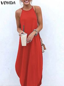 VONDA Women Backless Summer Dress Casual Robe Halter Vestido Solid Vintage Beach Sundress Fashion Bohemian Sleeveless 240424