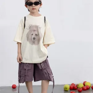 Roupas Defina o verão coreano de 2 a 8 anos de menino de 2pcs de roupas, impressão de animal impressão versátil camisetas finas de bolsos grandes