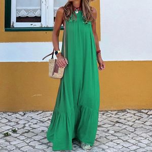 Casual Dresses Sexy Off Shoulder Maxi For Women 2024 Sommar ärmlös kausal Loose Beach Dress Green Holiday Pleated Long Robe