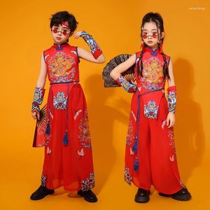 Scene Wear Red Children Jazz Dance Costume Boys Girls Kpop Outfit Hip Hop Model Show Chinese Style Hanfu Suit VDL231