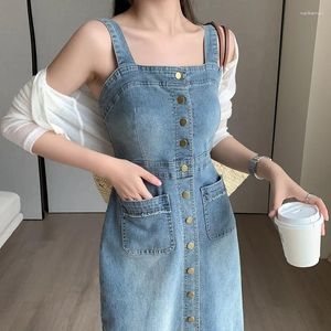 Vestidos casuais de tamanho grande Denim Denim Denim Mulheres borlas de peito único Slip Long Summer Strap High Waist Slim Slim