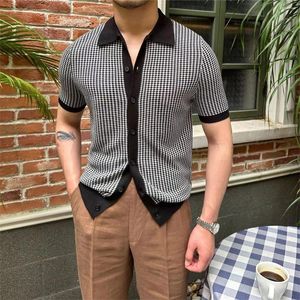 رجال سترات الرجال Oldyanup Summer Men Short Sleeve Knit Cardigan Fashion Plaid Plaid Polo Derts Business Discal